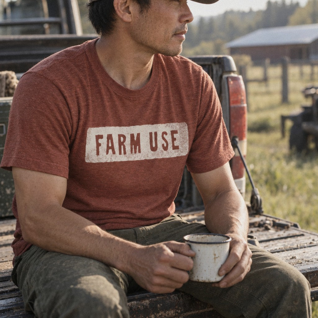 Farm Use Tee in Heather Clay, tailgate coffee