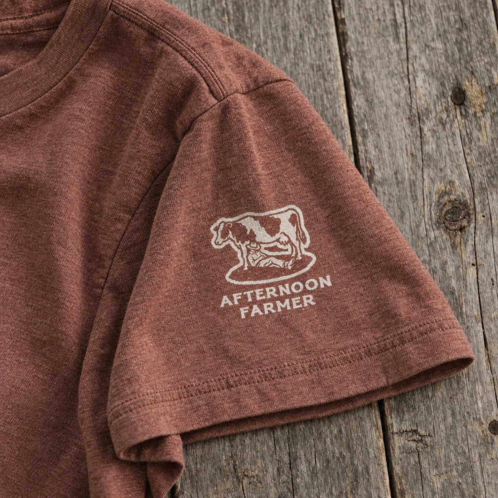 Farm Use Tee in Heather Clay, close-up sleeve