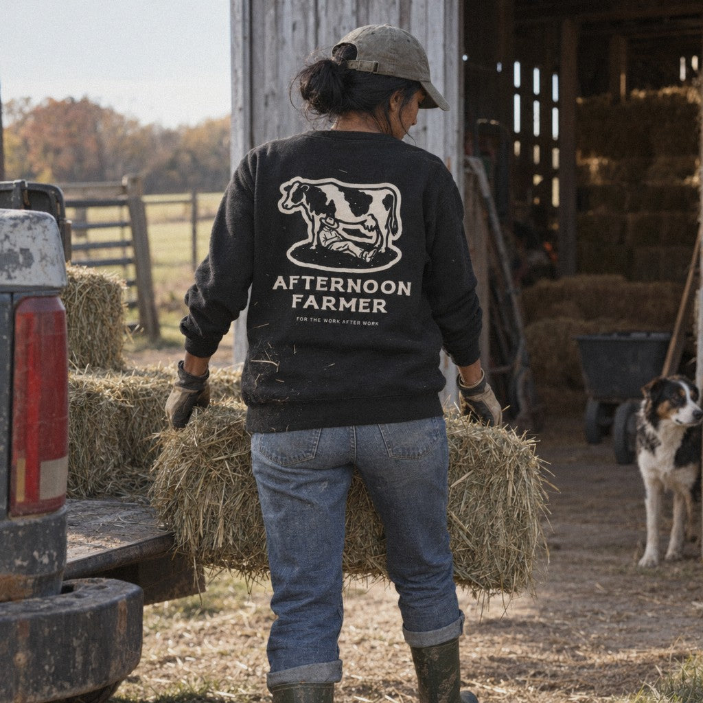 Afternoon Farmer Logo Crewneck in Black, unloading hay