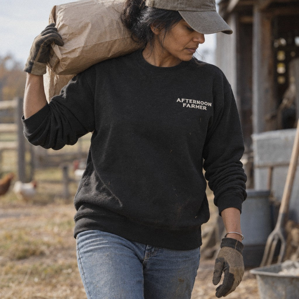 Afternoon Farmer Logo Crewneck in Black, feed sacks