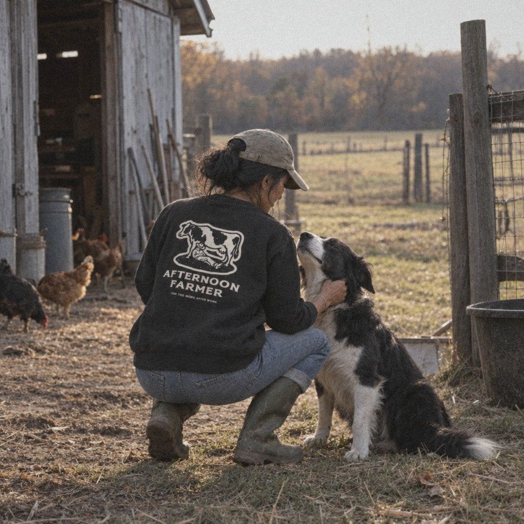 Afternoon Farmer Logo Crewneck in Black, farm dog check-in