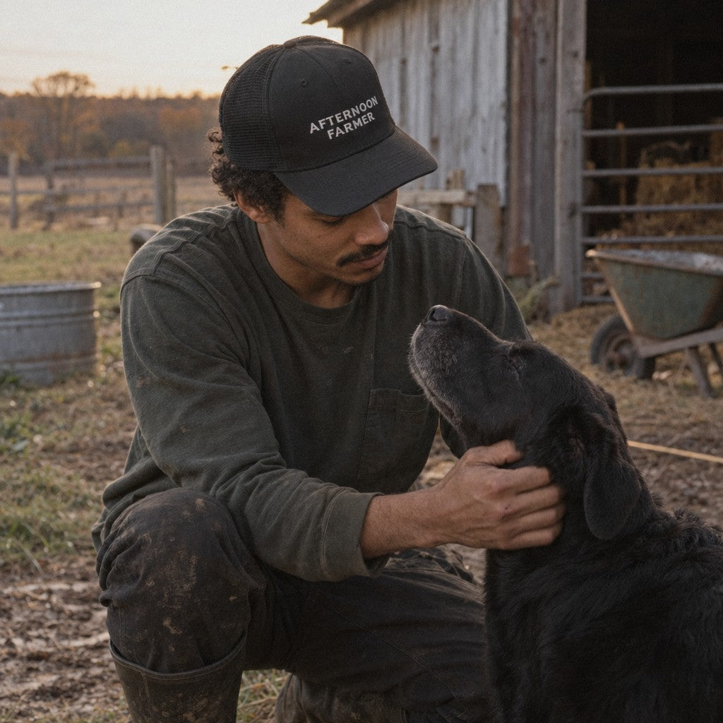 Afternoon Farmer Trucker Hat in Black, farm dog check-in