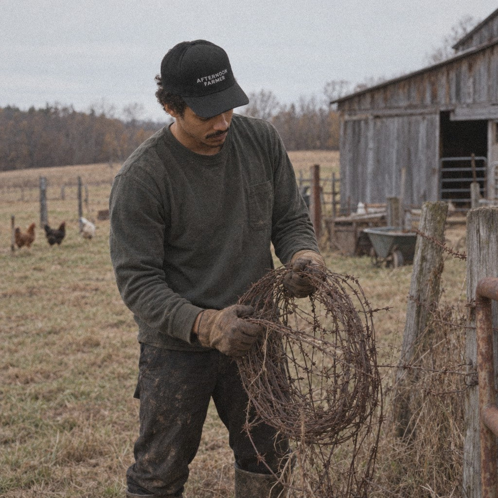 Afternoon Farmer Trucker Hat in Black, carrying old wire