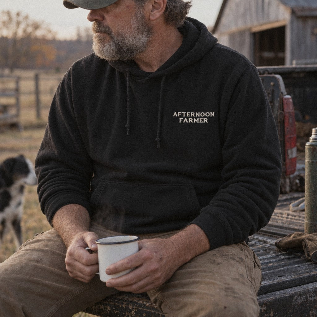 Afternoon Farmer Logo Hoodie in Black, tailgate coffee