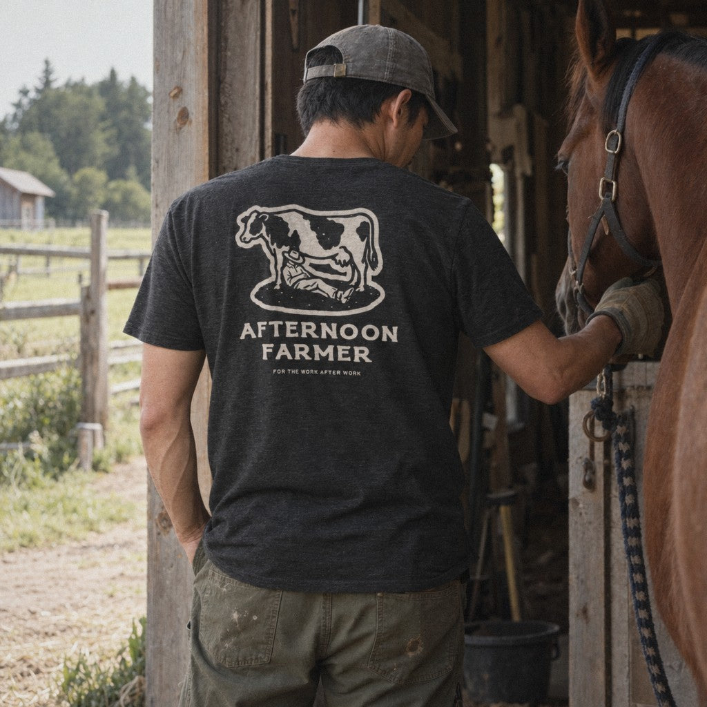Afternoon Farmer Logo Tee in Black Heather, barn doorway break