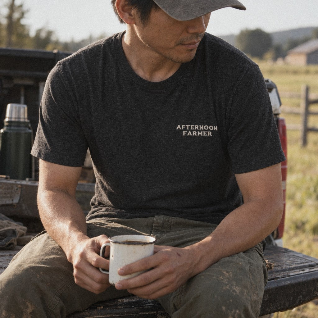 Afternoon Farmer Logo Tee in Black Heather, tailgate coffee