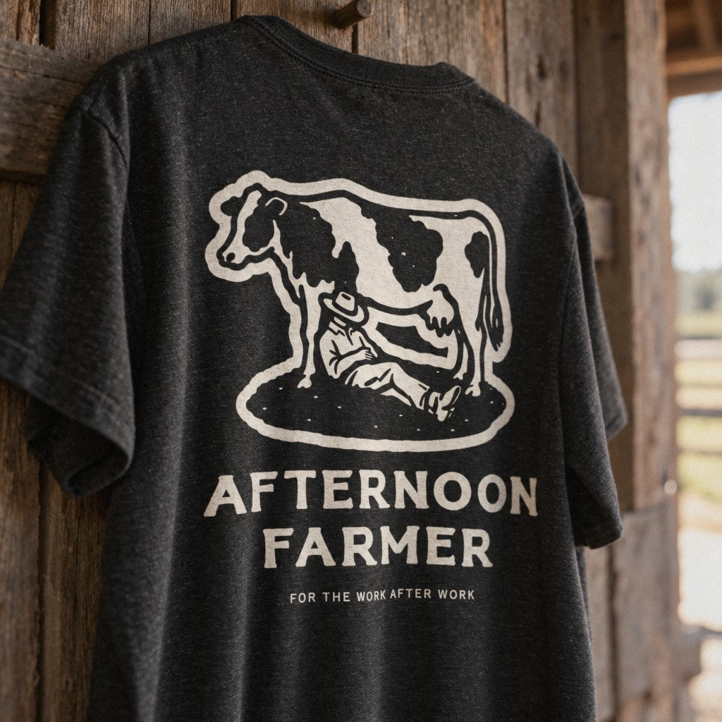 Afternoon Farmer Logo Tee in Black Heather, close-up back