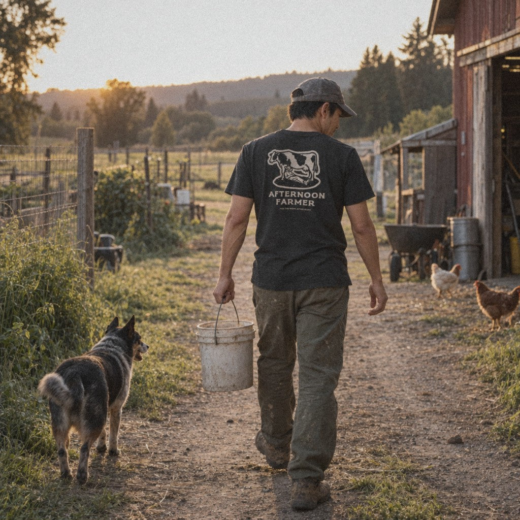 Afternoon Farmer Logo Tee in Black Heather, walking the lane