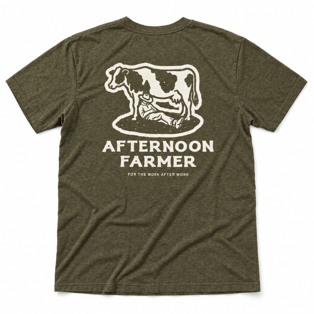 Afternoon Farmer Logo Tee in Heather Olive, full back