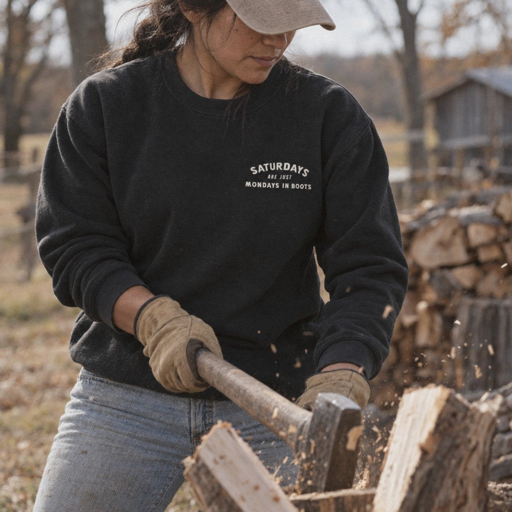 Saturday’s Just Monday in Boots Crewneck in Black, splitting logs