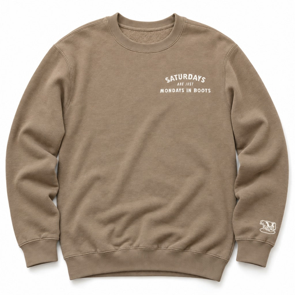 Saturday’s Just Monday in Boots Crewneck in Latte, full front