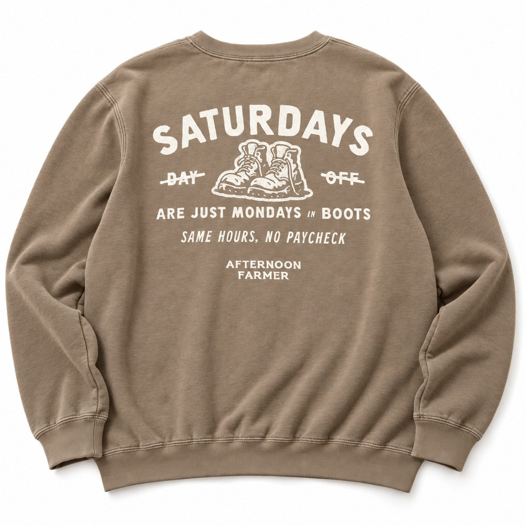 Saturday’s Just Monday in Boots Crewneck in Latte, full back