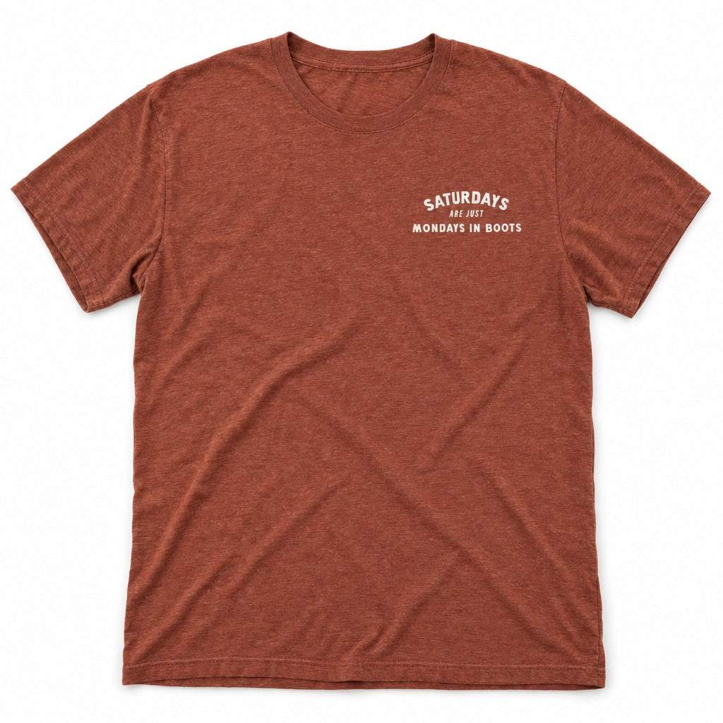 Saturday’s Just Monday in Boots Tee in Heather Clay, full front
