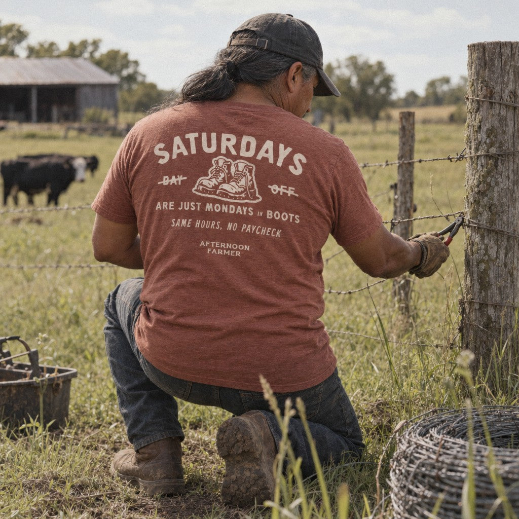 Saturday’s Just Monday in Boots Tee in Heather Clay, fixing fence