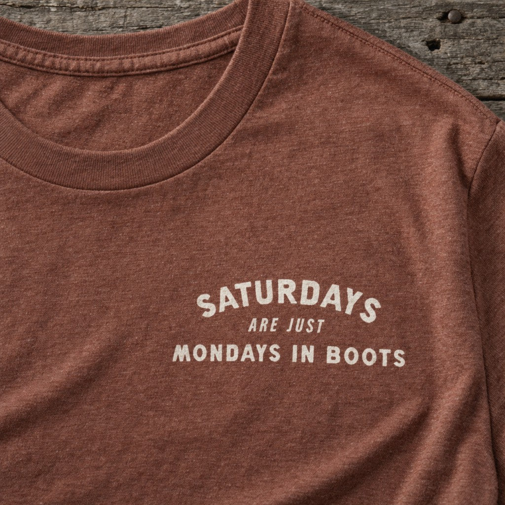 Saturday’s Just Monday in Boots Tee in Heather Clay, close-up front