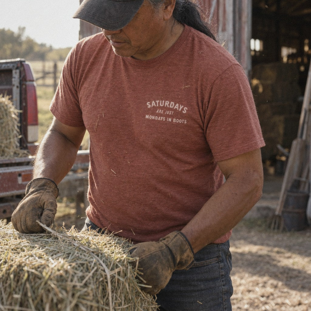 Saturday’s Just Monday in Boots Tee in Heather Clay, unloading hay