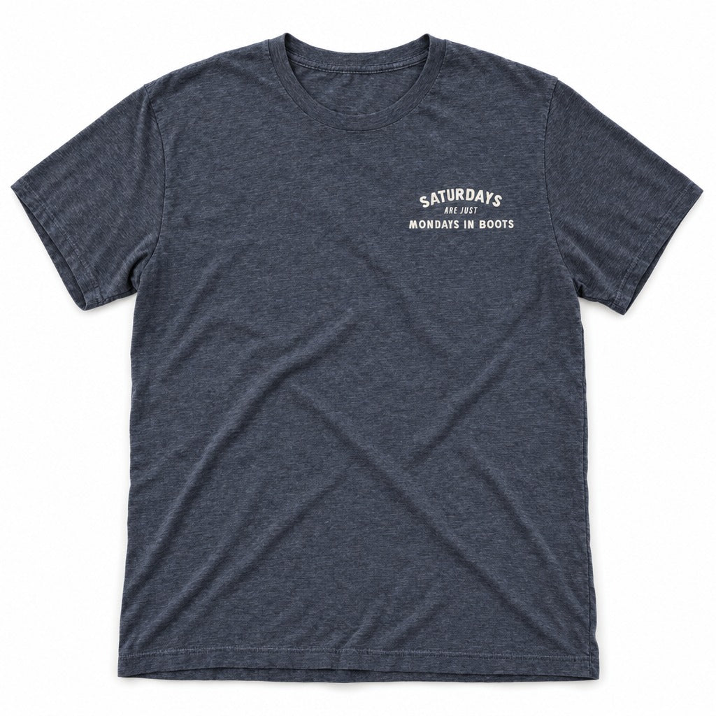 Saturday’s Just Monday in Boots Tee in Heather Navy, full front