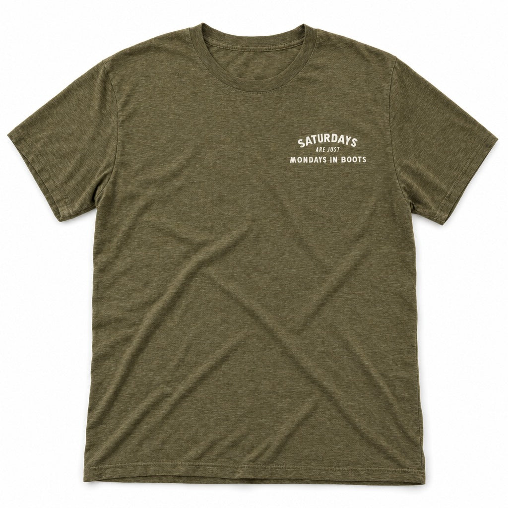 Saturday’s Just Monday in Boots Tee in Heather Olive, full front