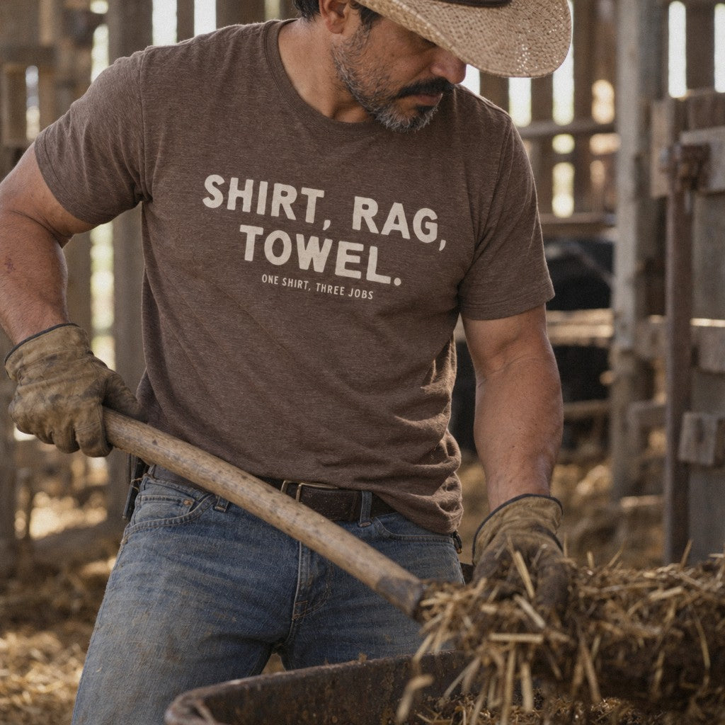 Shirt. Rag. Towel. Tee in Heather Brown, mucking a stall