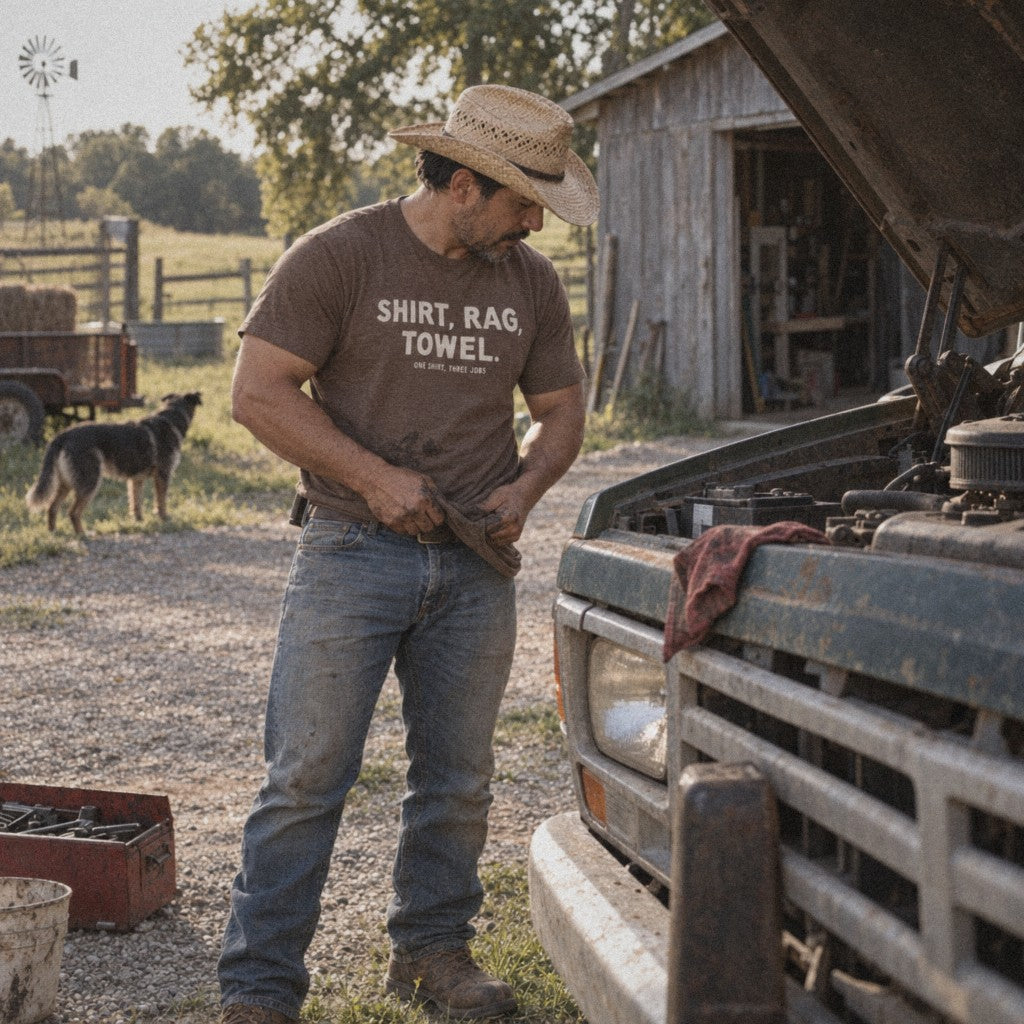 Shirt. Rag. Towel. Tee in Heather Brown, wiping hands on the shirt
