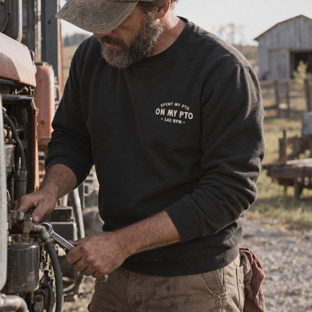 Spent My PTO on My PTO Crewneck in Black, fixing the tractor