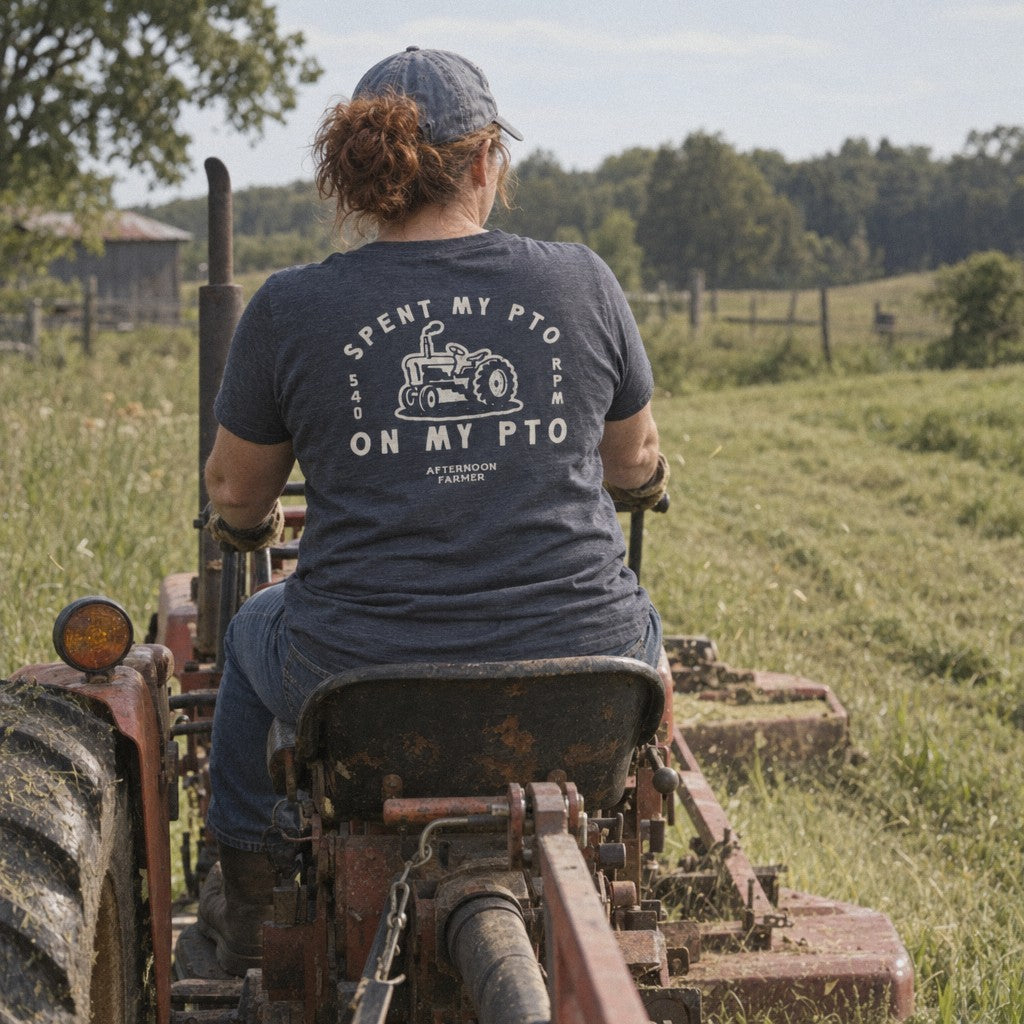 Spent My PTO on My PTO Tee in Heather Navy, mowing pasture