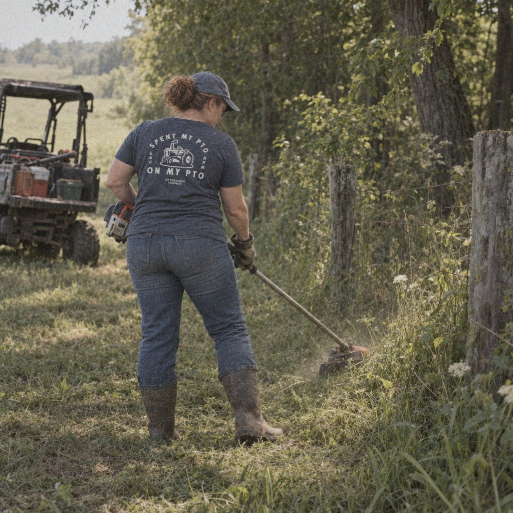 Spent My PTO on My PTO Tee in Heather Navy, clearing brush