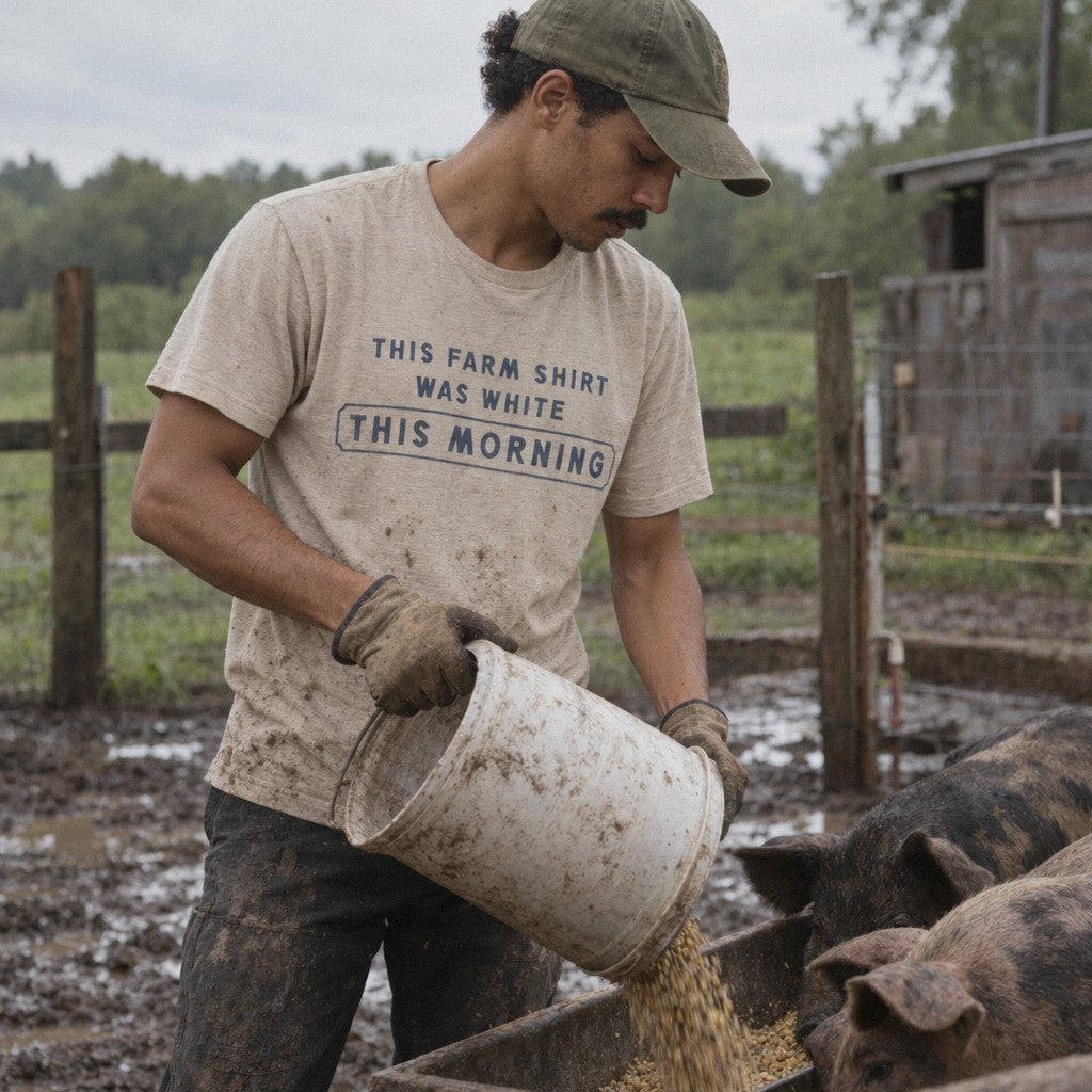 This Farm Shirt Was White This Morning Tee in Heather Dust, muddy pen
