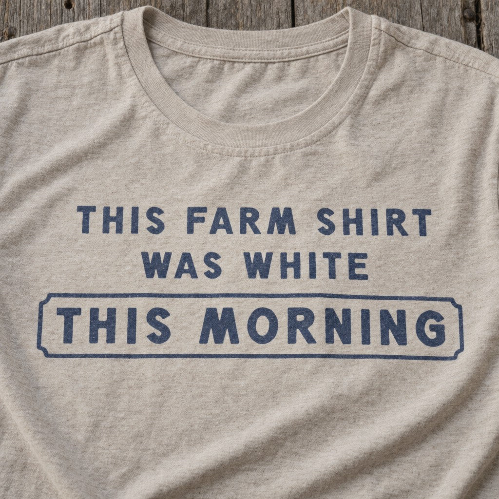 This Farm Shirt Was White This Morning Tee in Heather Dust, close-up front