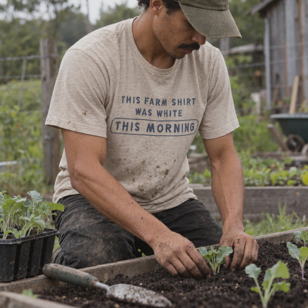 This Farm Shirt Was White This Morning Tee in Heather Dust, garden planting