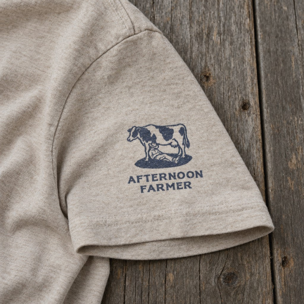 This Farm Shirt Was White This Morning Tee in Heather Dust, close-up sleeve
