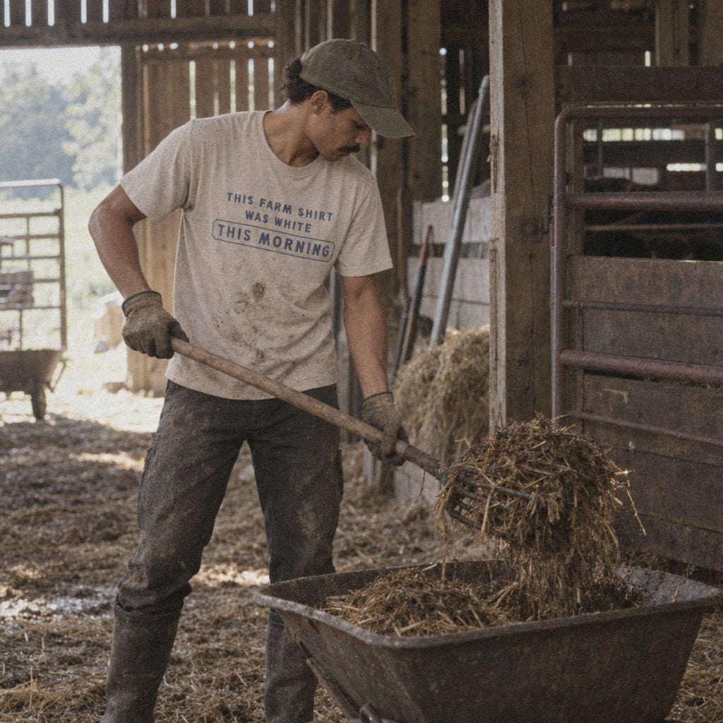 This Farm Shirt Was White This Morning Tee in Heather Dust, mucking a stall