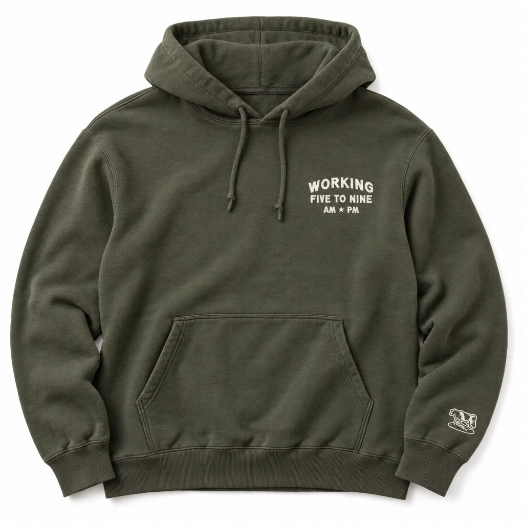 Working 5 to 9 Hoodie in Military Green, full front