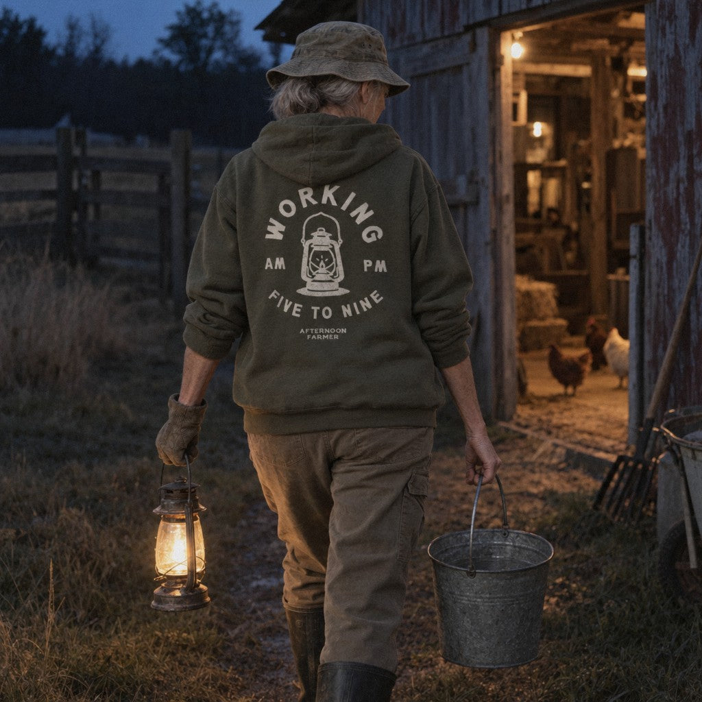 Working 5 to 9 Hoodie in Military Green, lantern walk