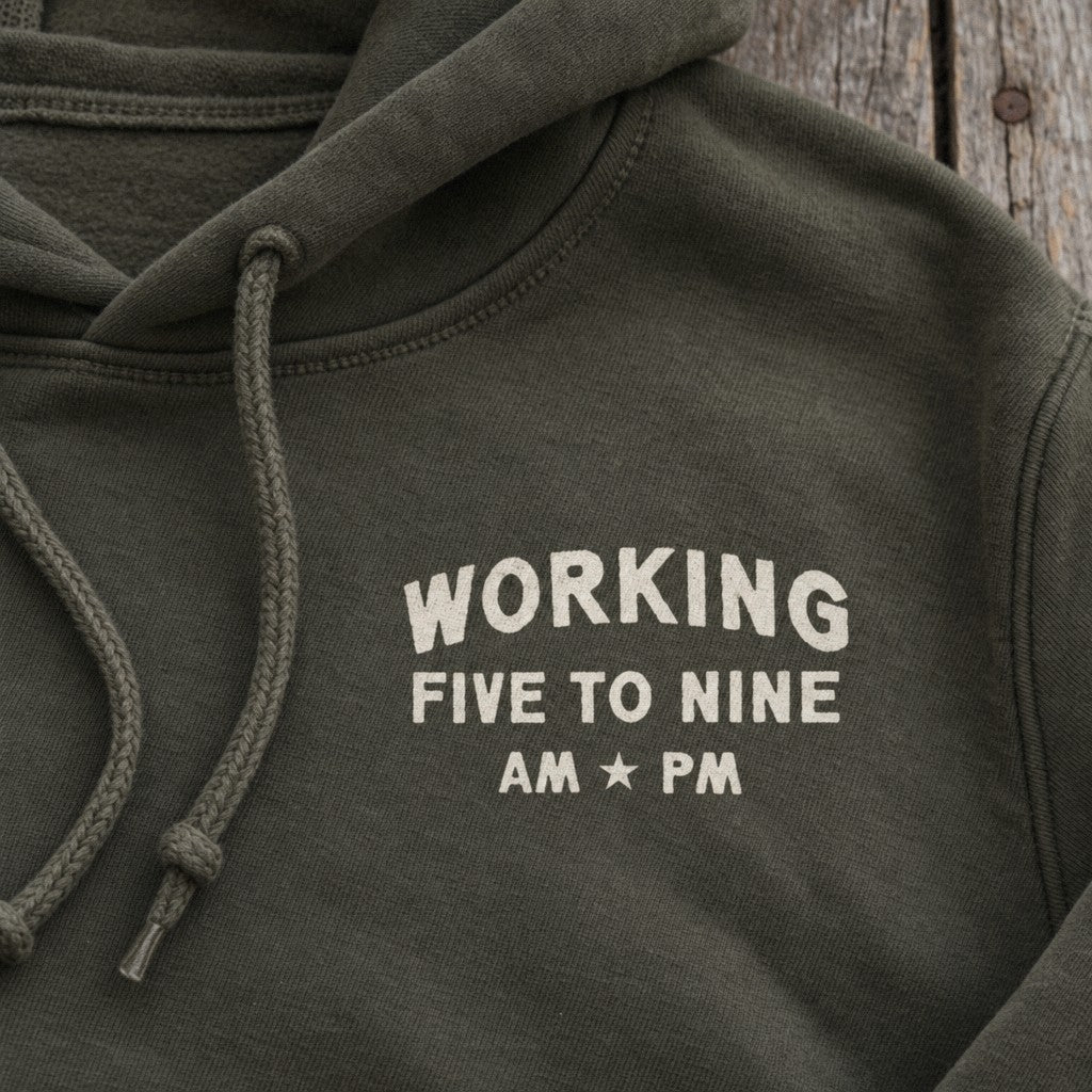 Working 5 to 9 Hoodie in Military Green, close-up front