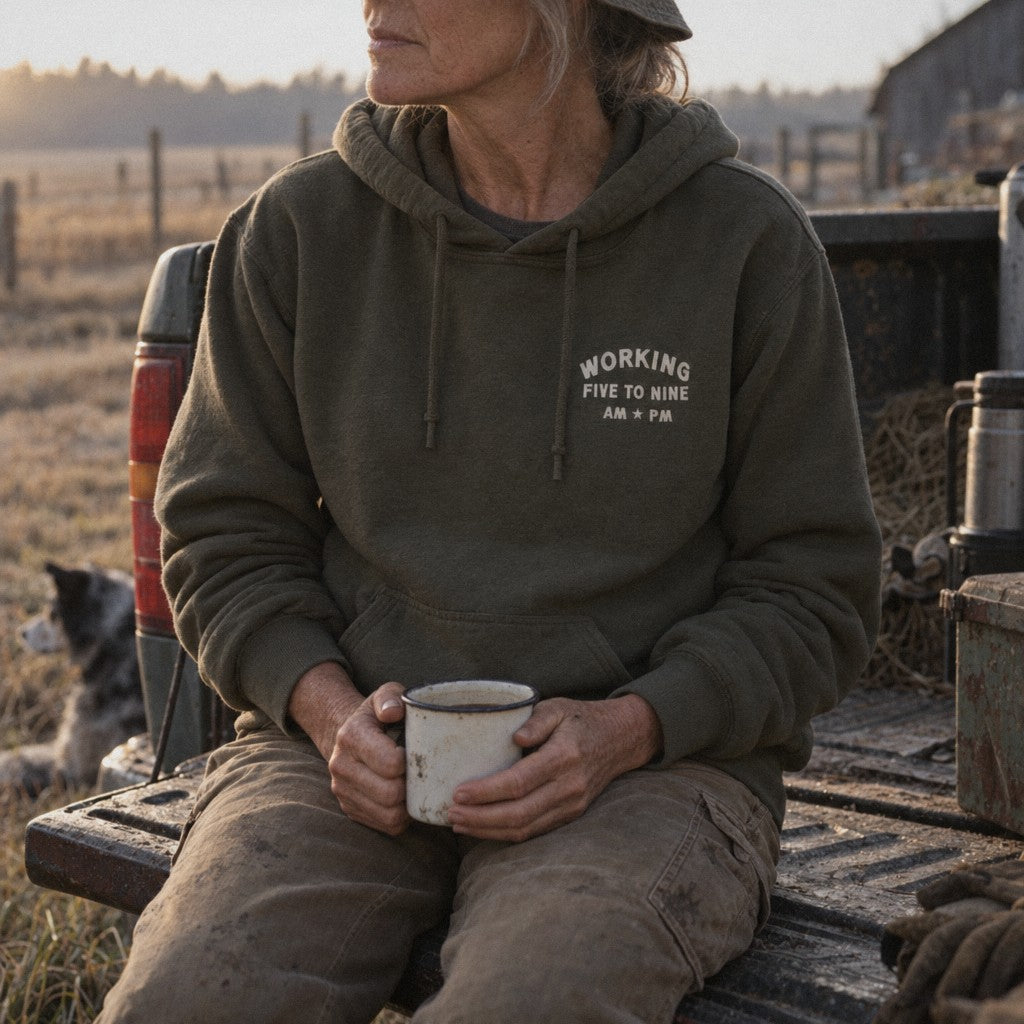 Working 5 to 9 Hoodie in Military Green, tailgate coffee