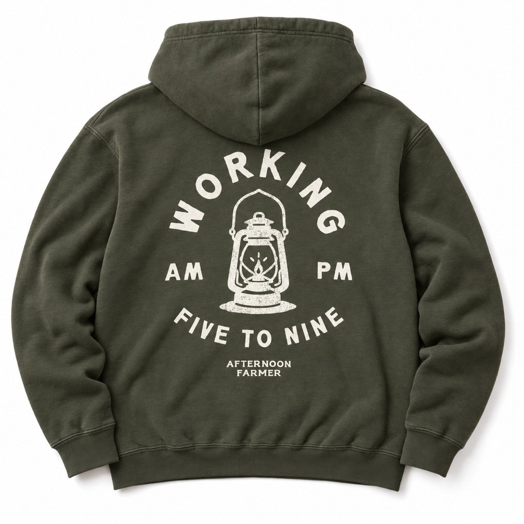 Working 5 to 9 Hoodie in Military Green, full back