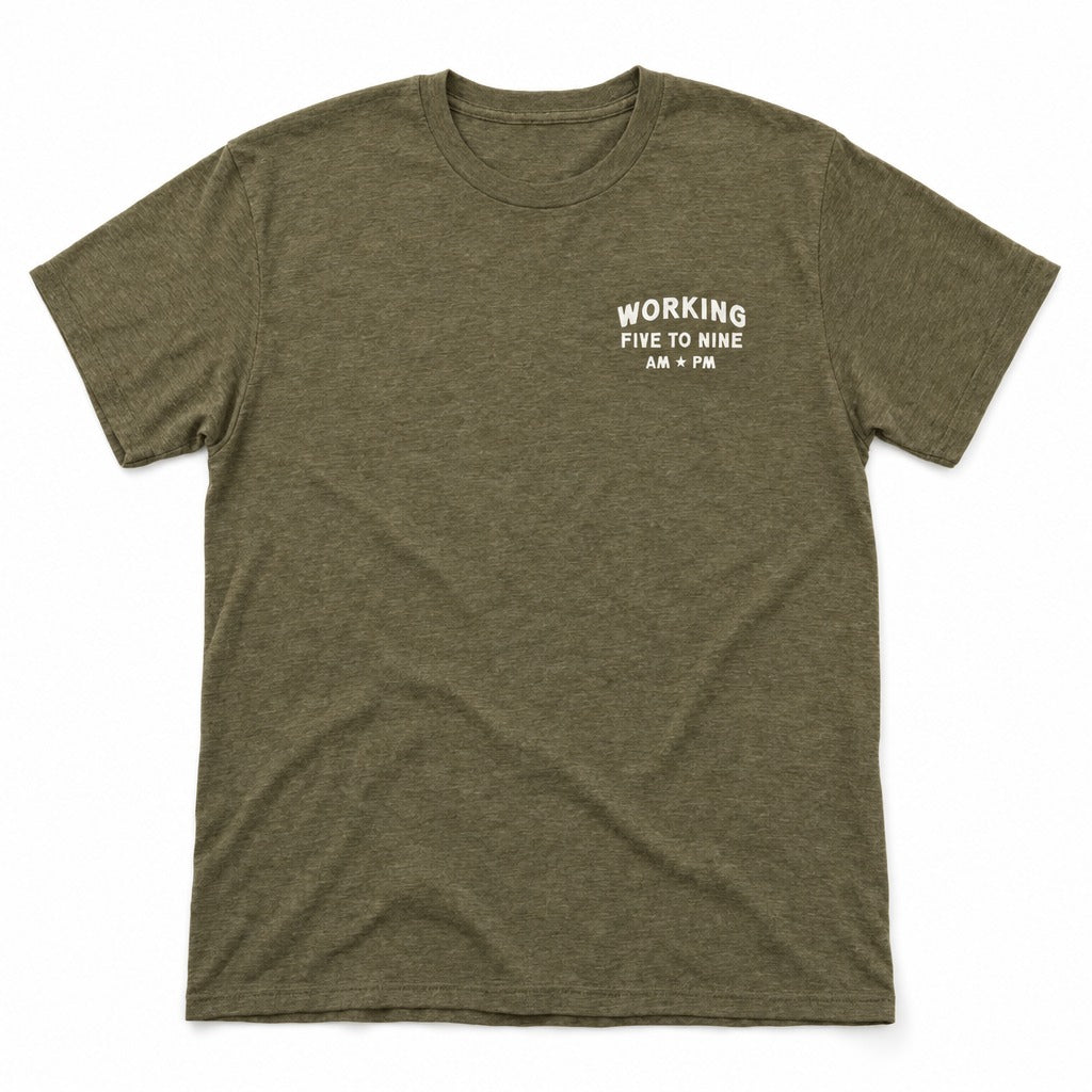 Working 5 to 9 Tee in Heather Olive, full front