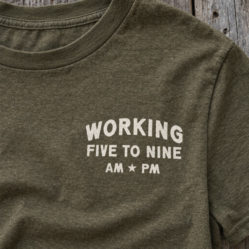 Working 5 to 9 Tee in Heather Olive, close-up front