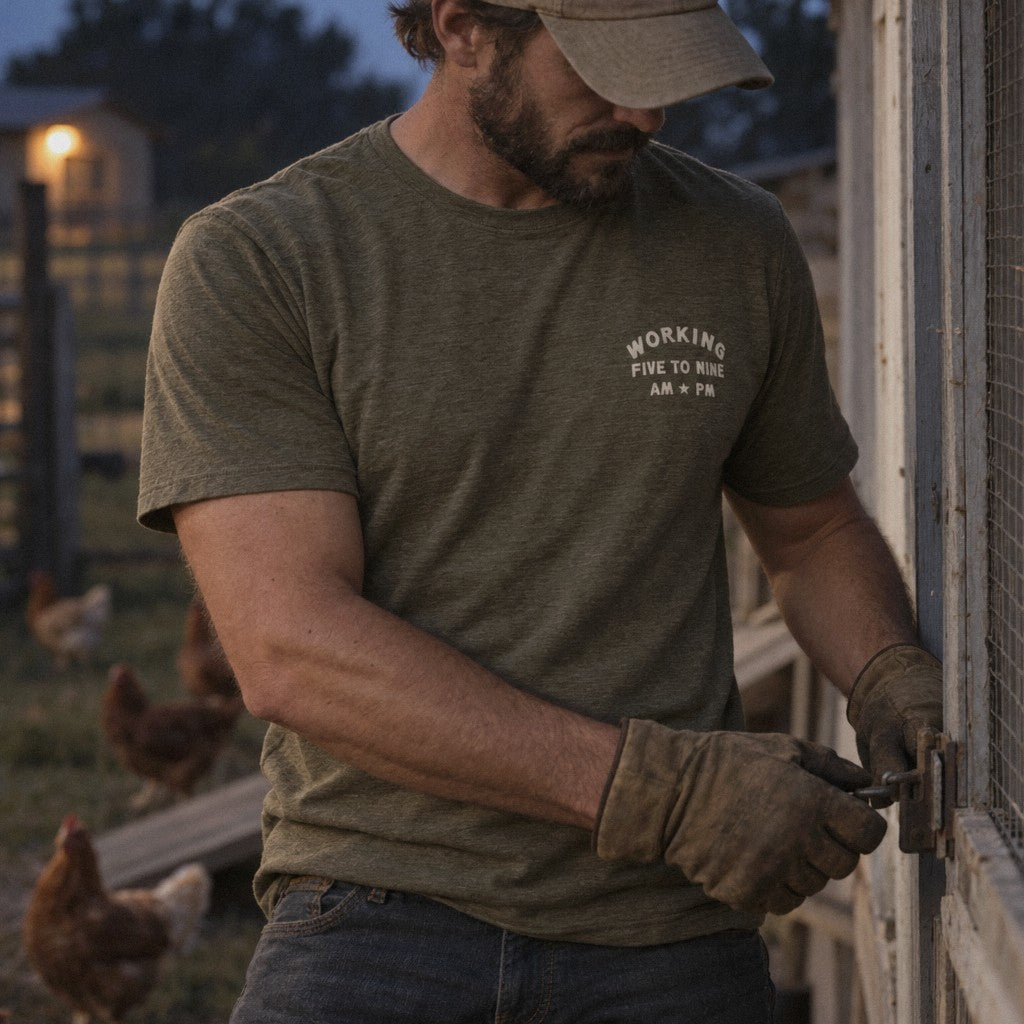 Working 5 to 9 Tee in Heather Olive, closing the coop