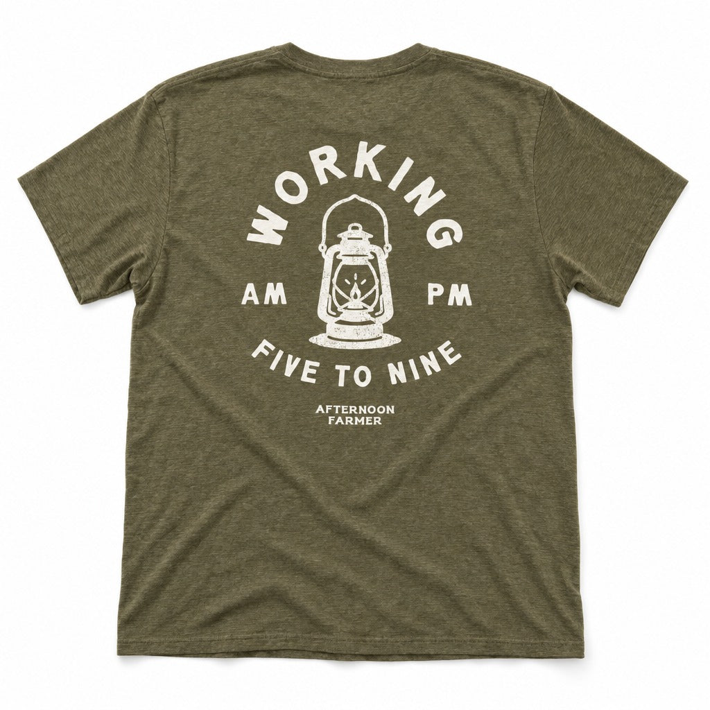 Working 5 to 9 Tee in Heather Olive, full back