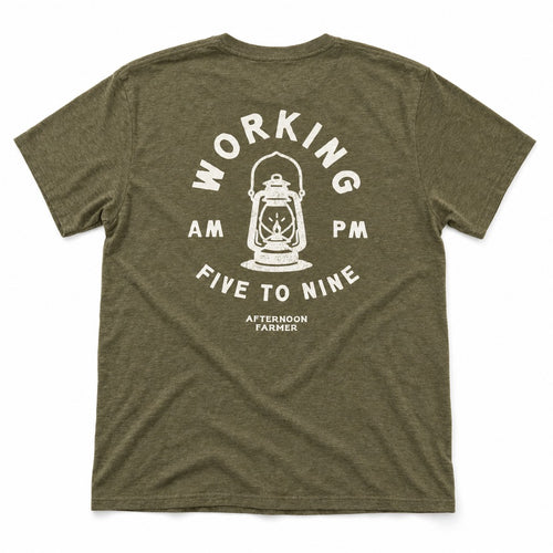 Working 5 to 9 Tee in Heather Olive, full back