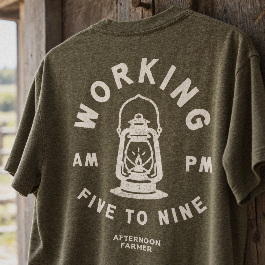 Working 5 to 9 Tee in Heather Olive, close-up back