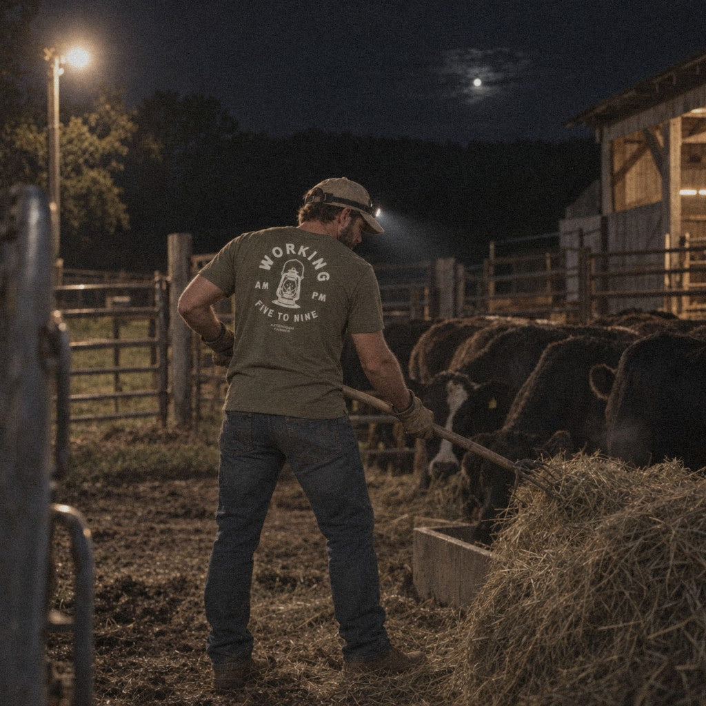 Working 5 to 9 Tee in Heather Olive, headlamp chores